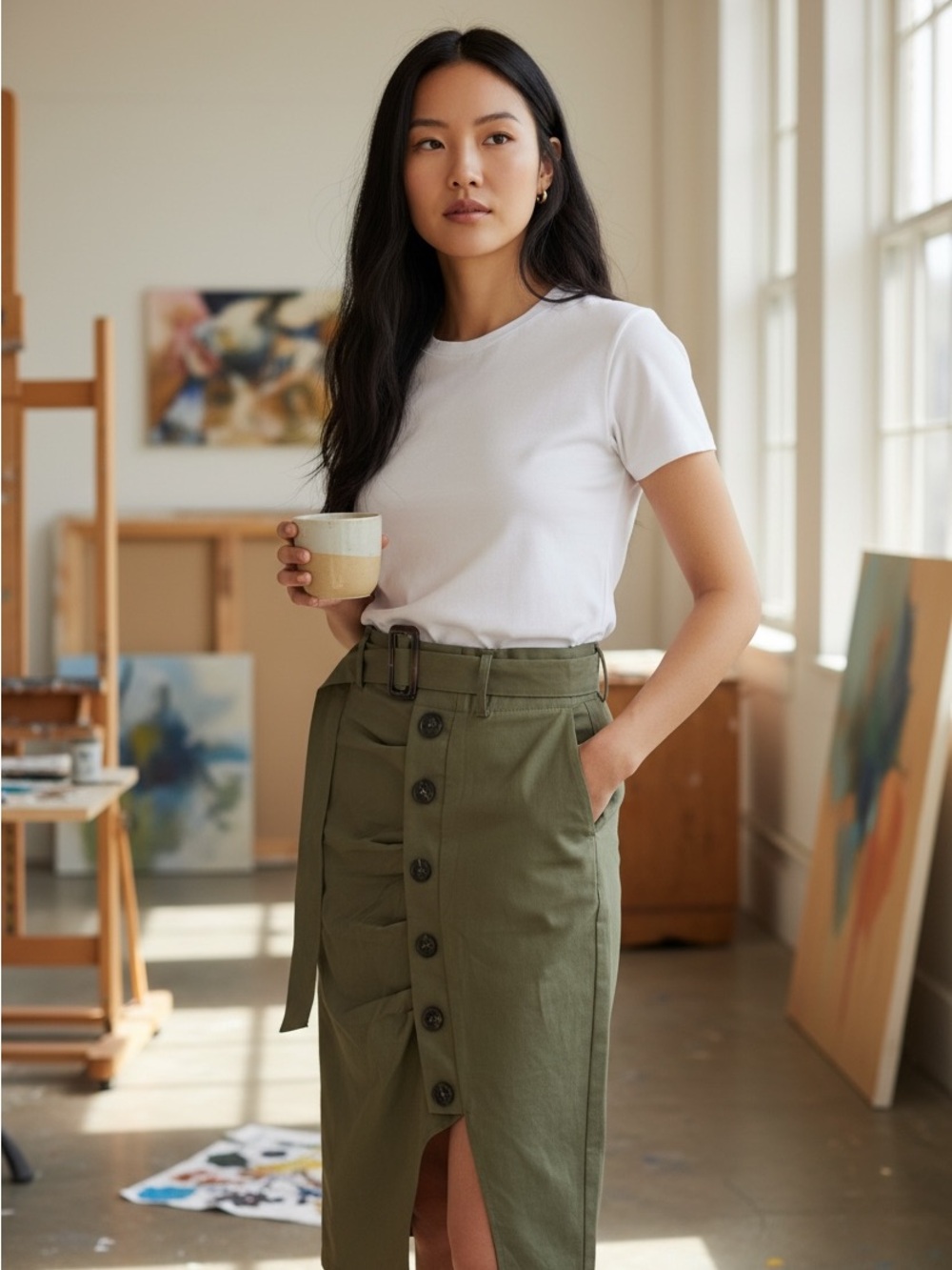 Micas 🔥NWOT🔥Ruched Olive Midi Skirt with  Button Detail and Belt - Picture 2 of 6